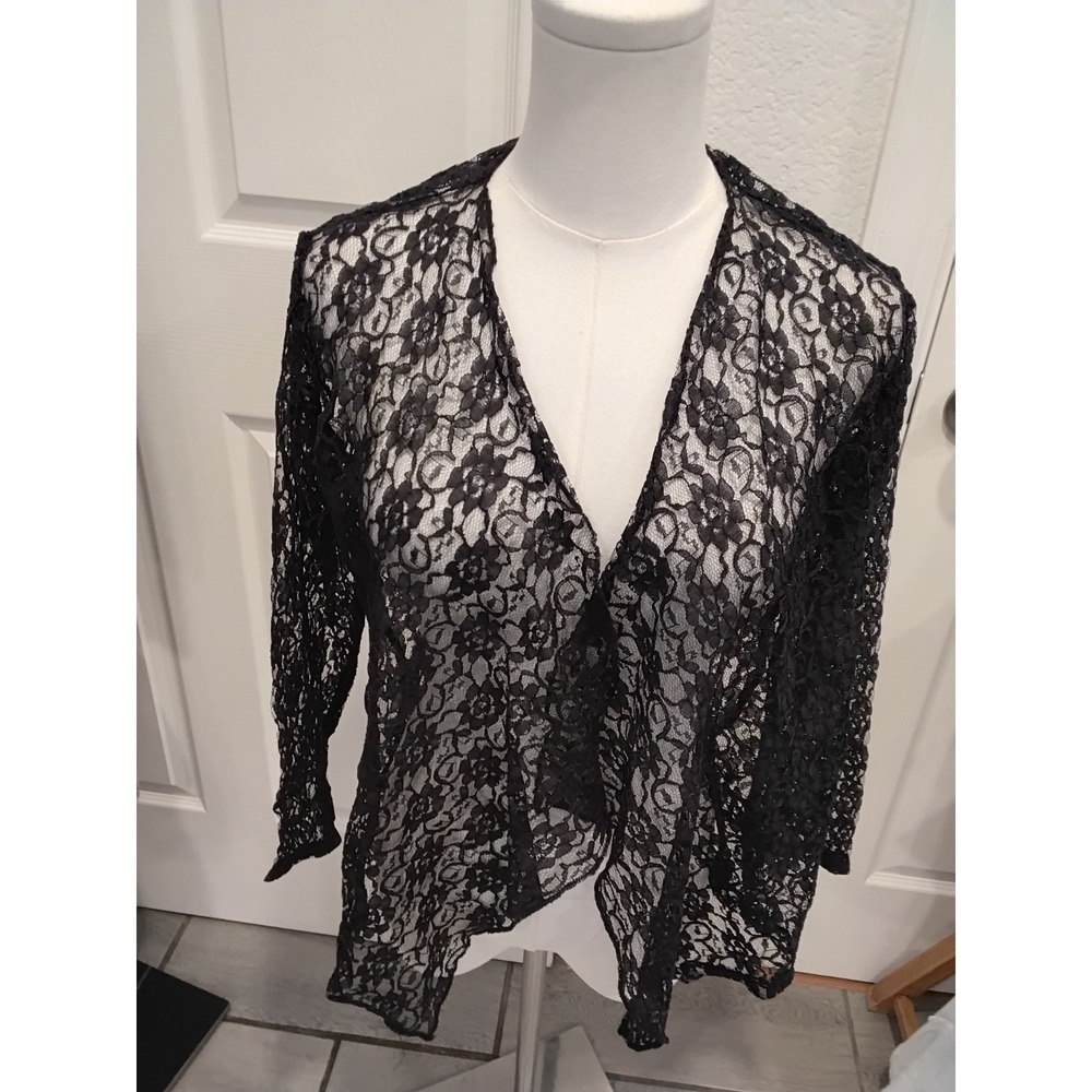 PepTrends Black Floral Lace Cardigan Sheer Mesh Open Front 3/4 Sleeve Top Large
